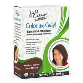 Light Mountain Henna Hair Color bottle showcases natural ingredients for safe gray coverage.