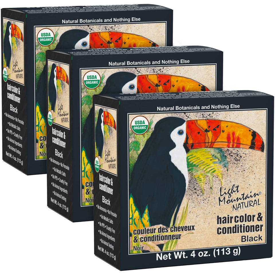 Light Mountain Henna Hair Color Pack of 3 in Black for semi-permanent color.