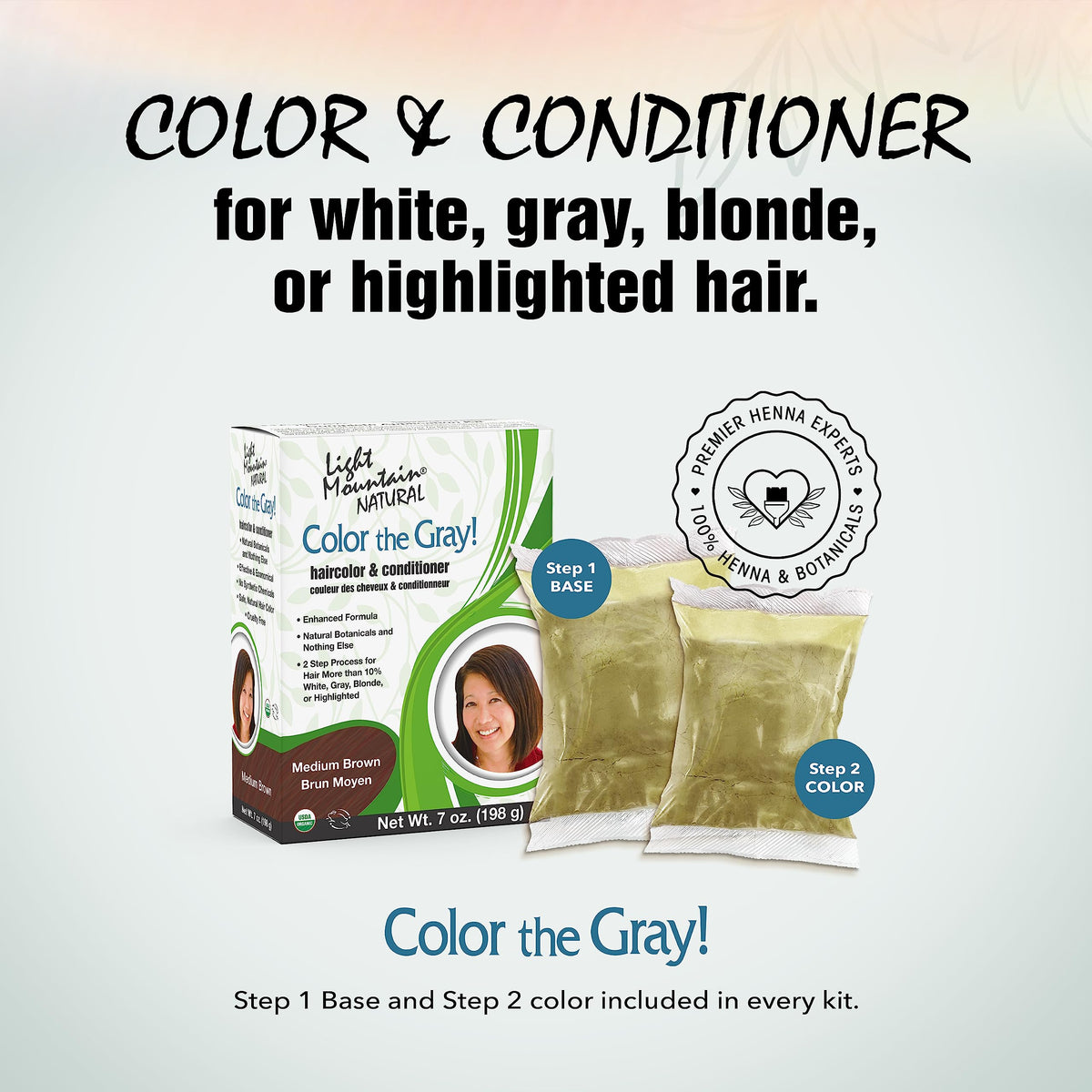 Light Mountain Henna packaging highlights chemical-free, semi-permanent color for healthy-looking results.