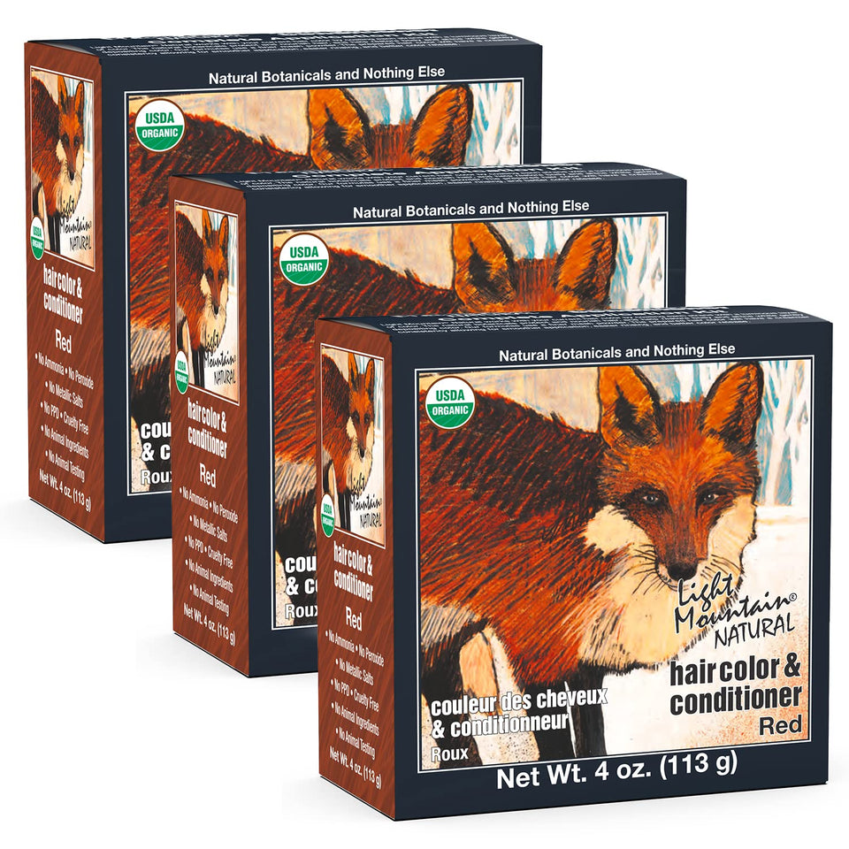 Light Mountain Henna red color pack3 bottle highlighting natural, chemical-free dye option.