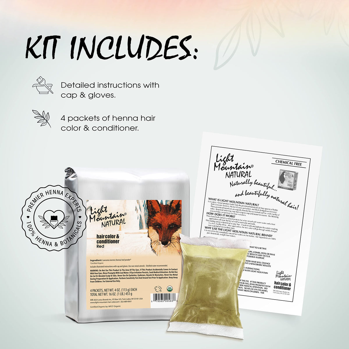 Light Mountain henna powder jar with organic ingredients for chemical-free dye