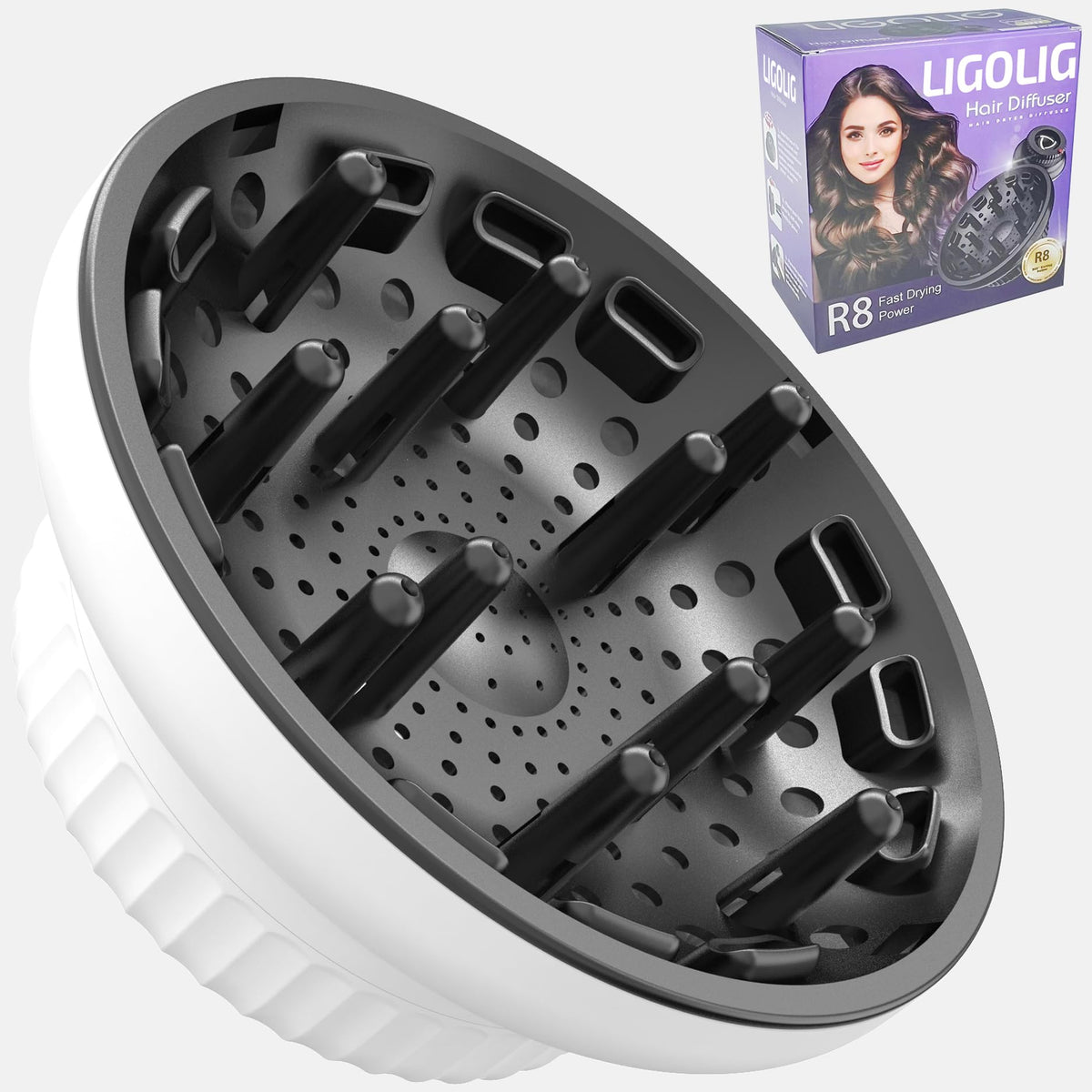 LIGOLIG diffuser attachment with universal fit for curl-friendly drying.