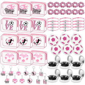 LIGOMEDA pink soccer gift set arrangement for team party favors and celebrations.