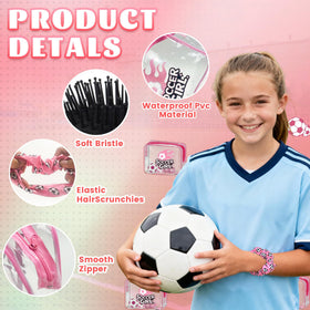 LIGOMEDA pink soccer gift set mini detangler brush highlights easy hair care on the go.