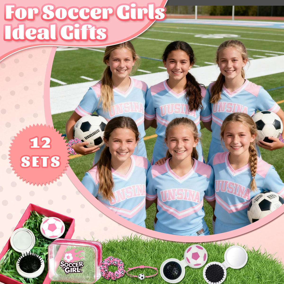 LIGOMEDA pink soccer gift set packaging and display for party favors.