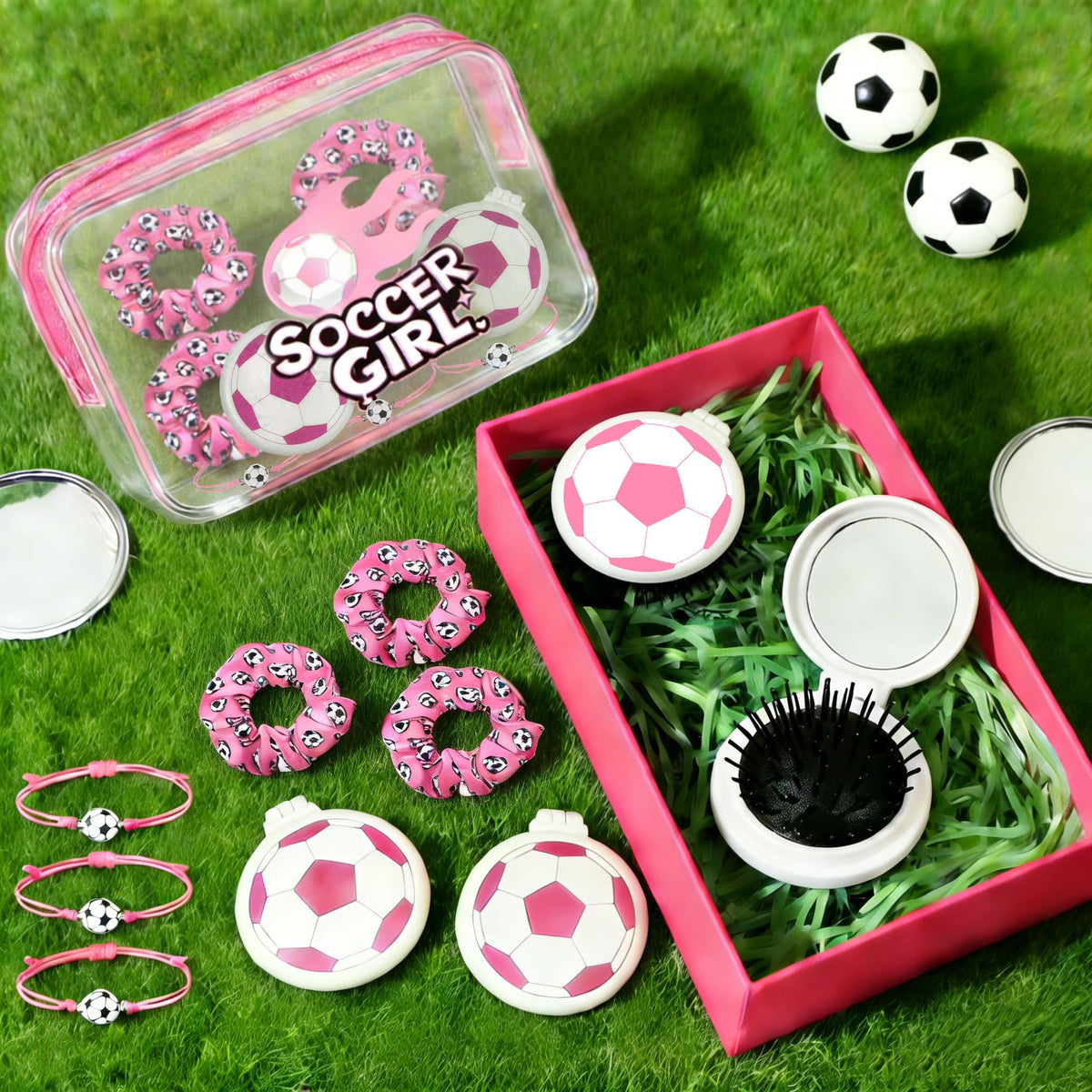 LIGOMEDA pink soccer gift set soccer scrunchies for versatile hairstyles.