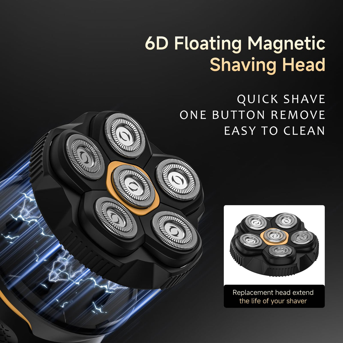 Likefun 6D magnetic head enables fast, smooth head shaving with easy attachment changes.