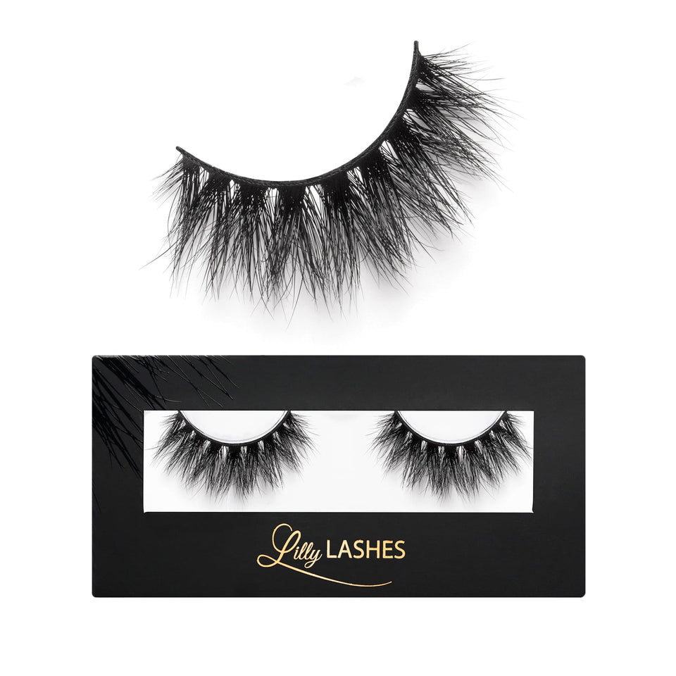 Lilly Lashes So Extra Mykonos 3D Mink Lashes in luxurious packaging for quick glam.