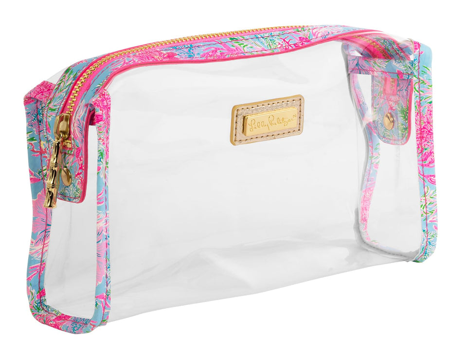 Lilly Pulitzer clear zipper pouch with gold hardware for organized travel.