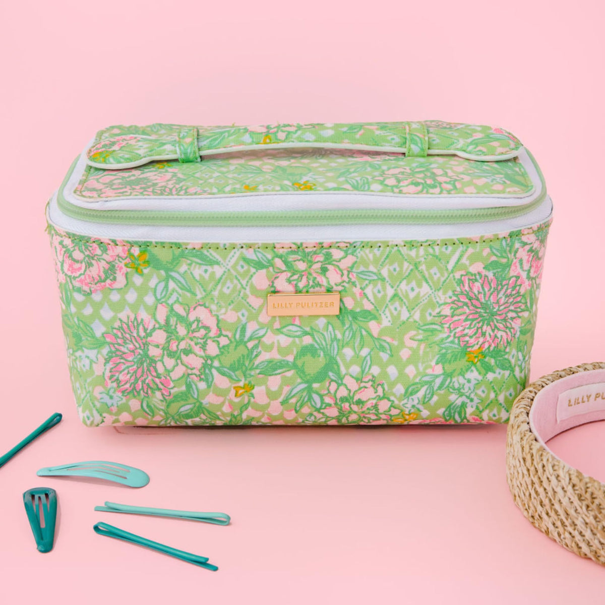 Lilly Pulitzer Lime Feeling Good cosmetic bag coordinating interior lining.