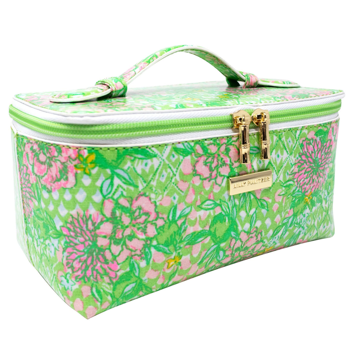 Lilly Pulitzer Lime Feeling Good cosmetic bag front view showing travel-ready storage.