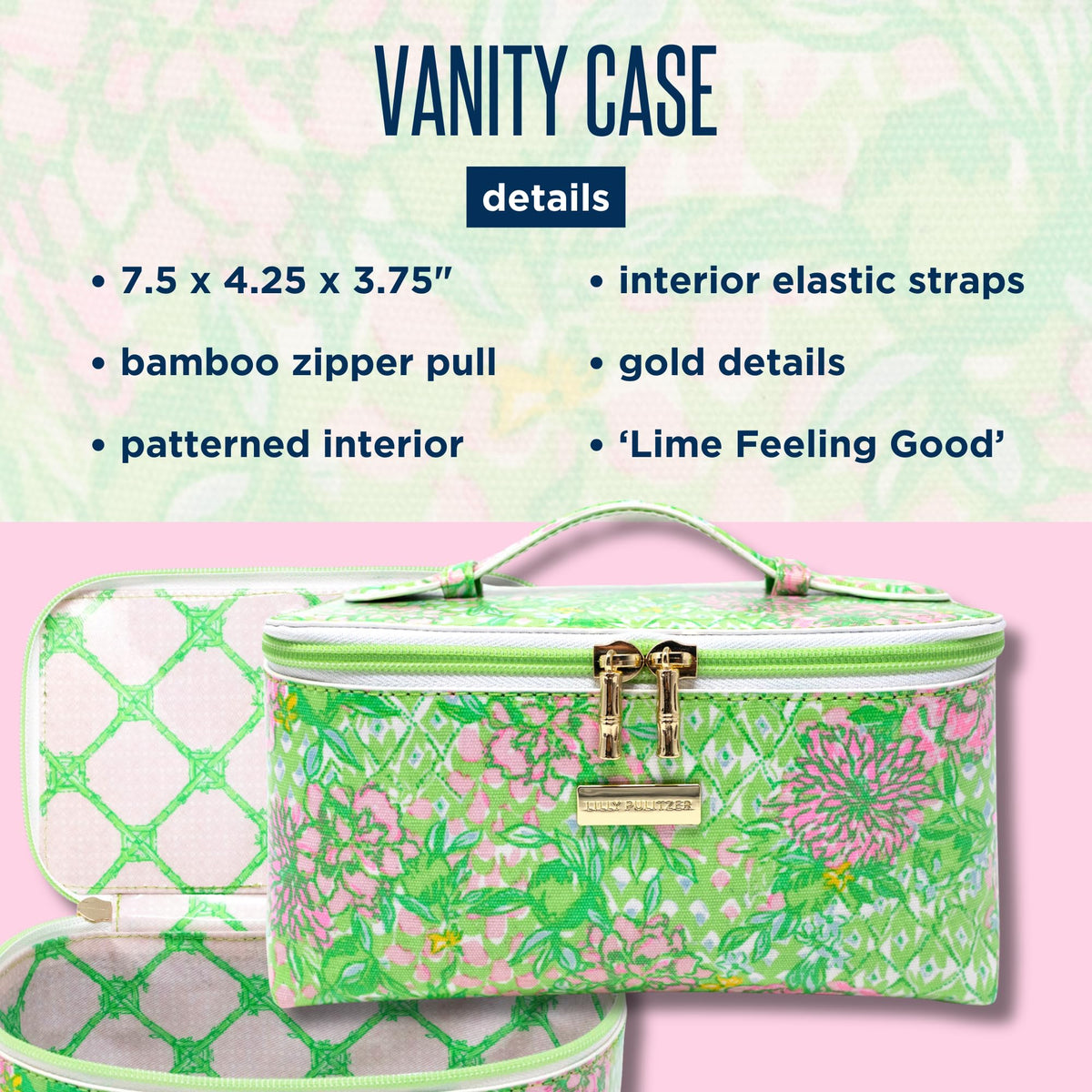 Lilly Pulitzer Lime Feeling Good cosmetic bag gold logo detail for a luxe touch.