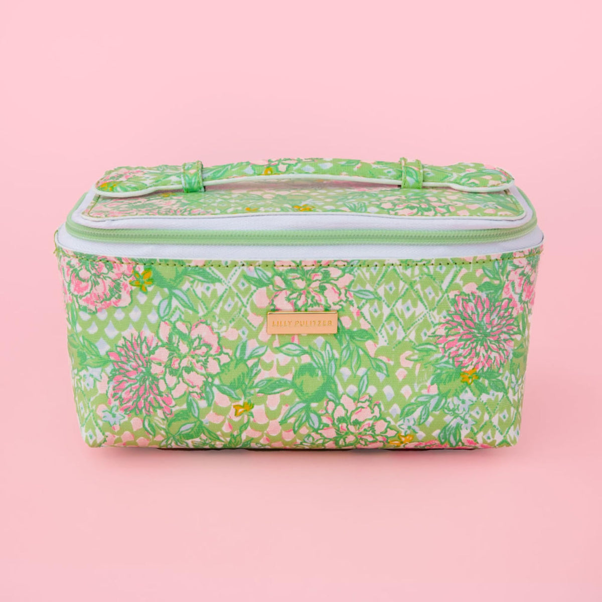 Lilly Pulitzer Lime Feeling Good cosmetic bag inside view showing organized space.