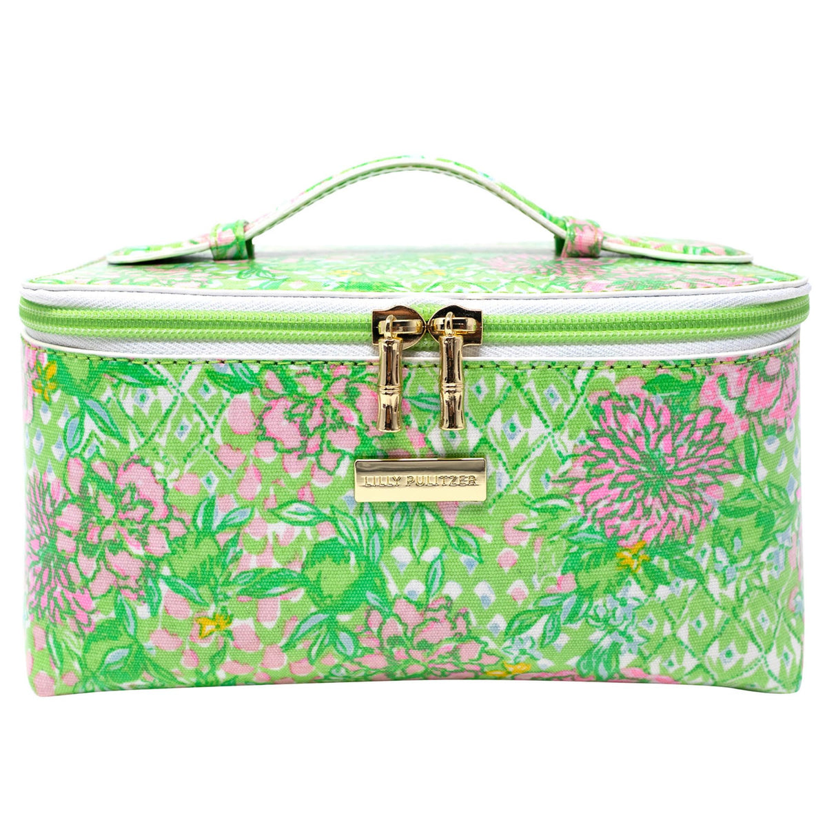 Lilly Pulitzer Lime Feeling Good cosmetic bag open lid for easy access to cosmetics.
