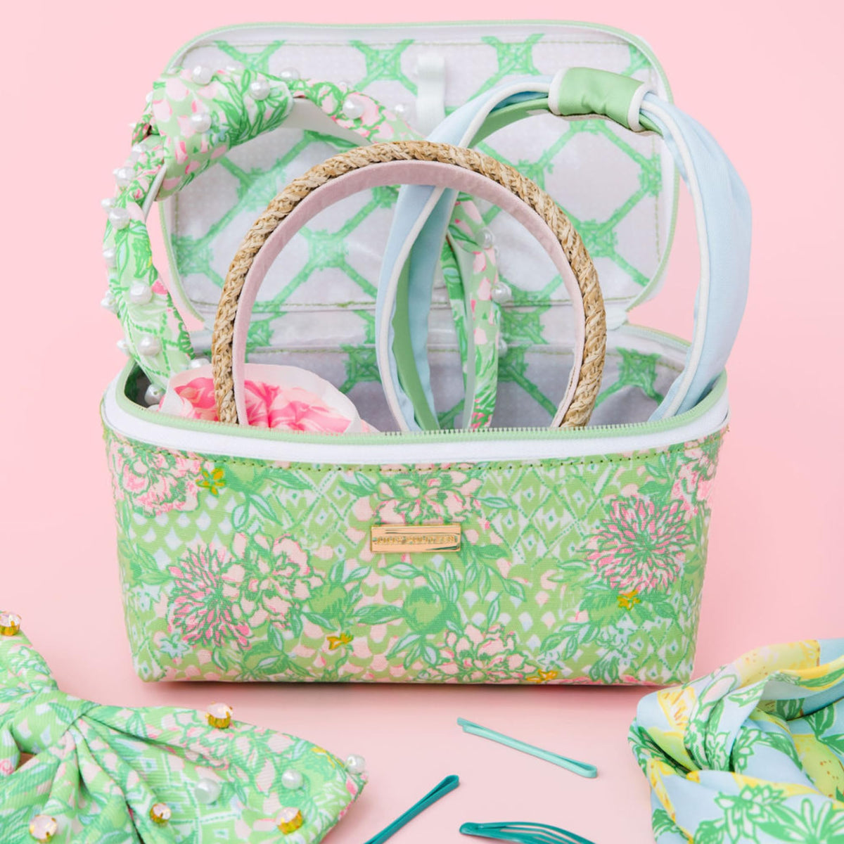 Lilly Pulitzer Lime Feeling Good cosmetic bag travel-ready with spacious interior.
