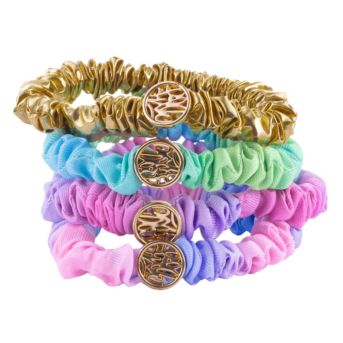 Lilly Pulitzer mini scrunchies gold lamé close-up with soft satin
