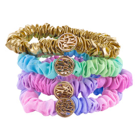 Lilly Pulitzer mini scrunchies gold lamé close-up with soft satin