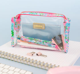 Lilly Pulitzer pencil case, travel-friendly, keeps pens and small items neatly in place.