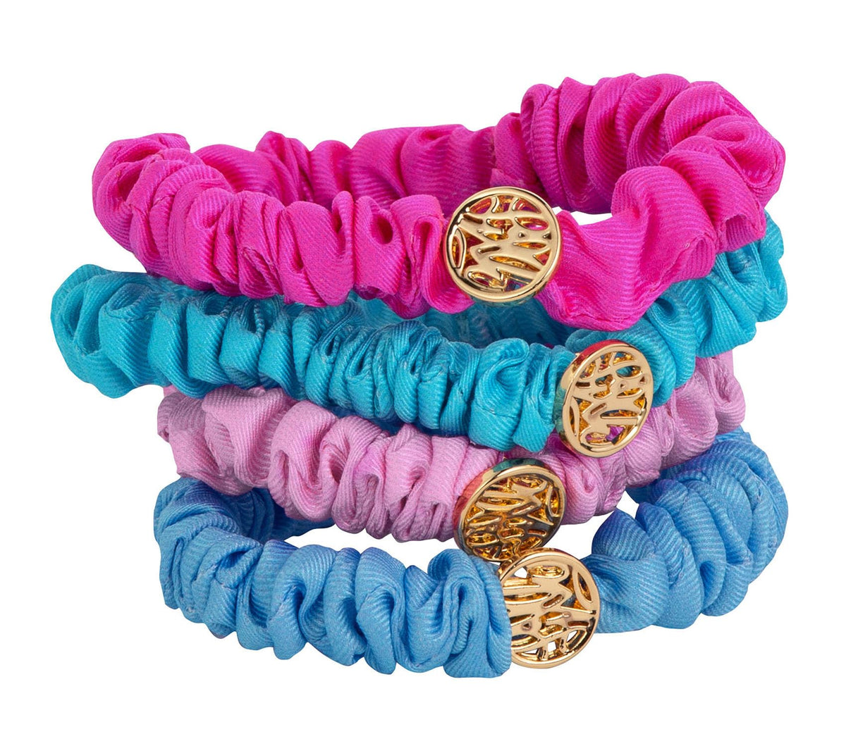Lilly Pulitzer satin scrunchies four-piece set laid out for a stylish look and versatile use