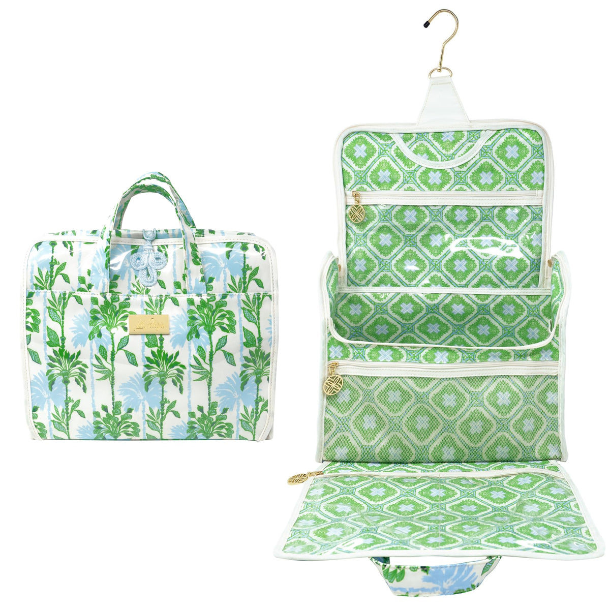 Lilly Pulitzer travel toiletry bag with hook for easy hotel access.