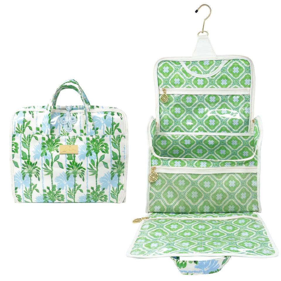 Lilly Pulitzer travel toiletry bag with hook for easy hotel access.
