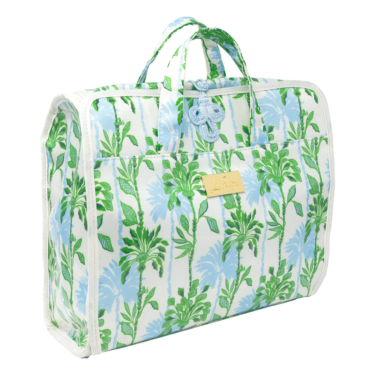Lilly Pulitzer bag showing multiple pockets for full-size bottles.
