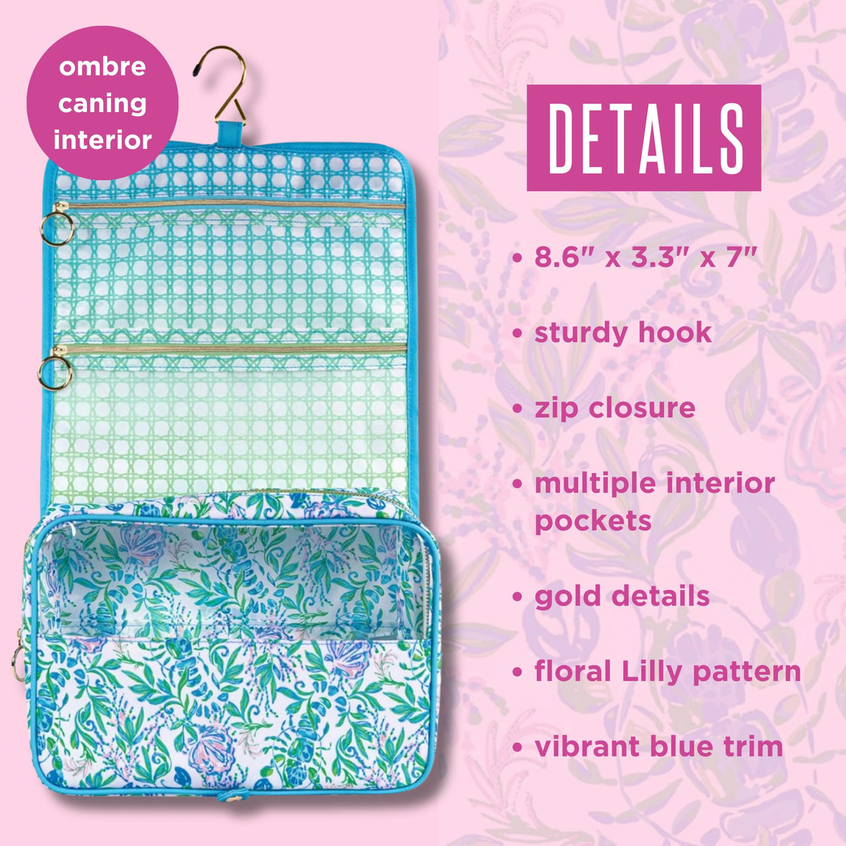 Lilly Pulitzer interior shows ombre lining for a coordinated travel setup.