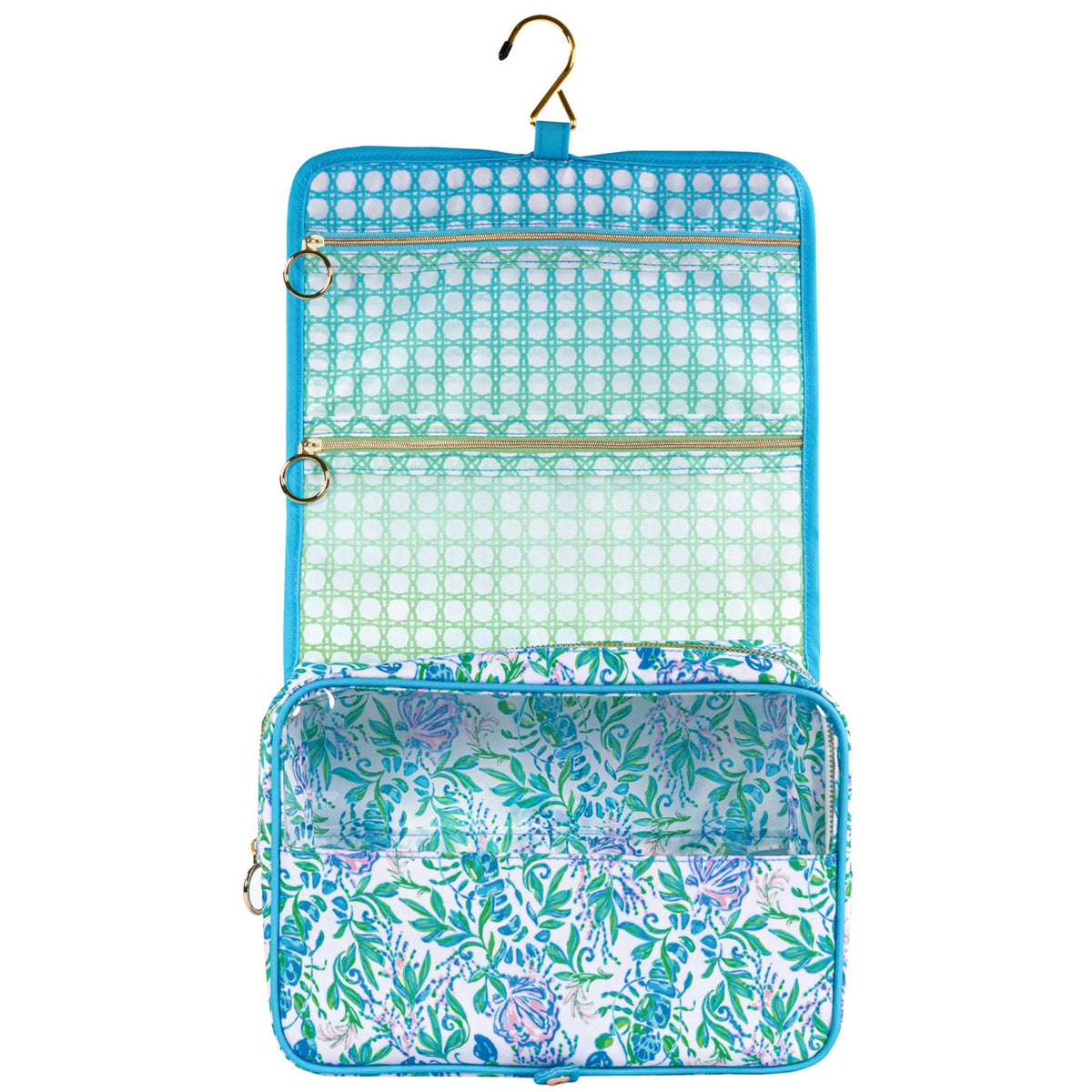 Lilly Pulitzer bag features sturdy zipper pockets for secure storage of toiletries.