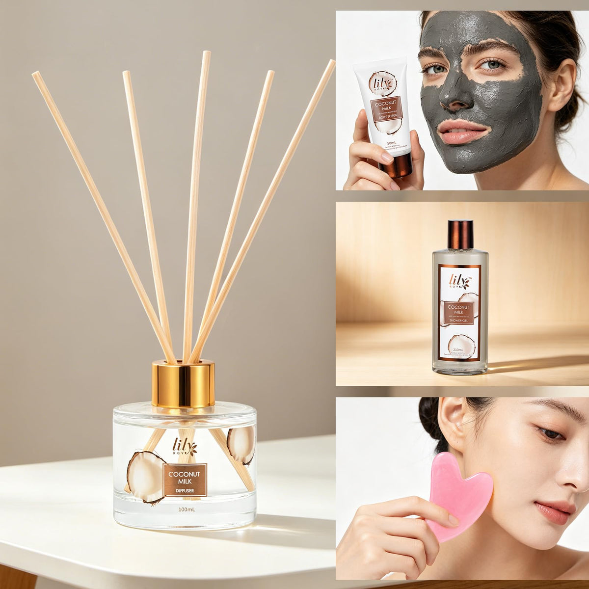 LILY ROY body care essentials close-up with hydrating products.