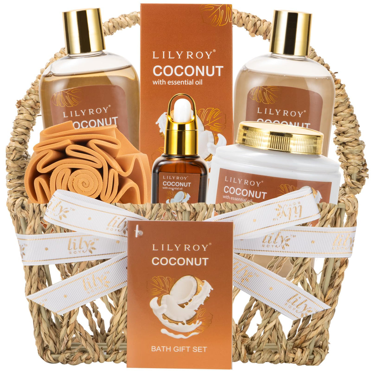 LILY ROY coconut spa gift basket for home relaxation and aromatherapy