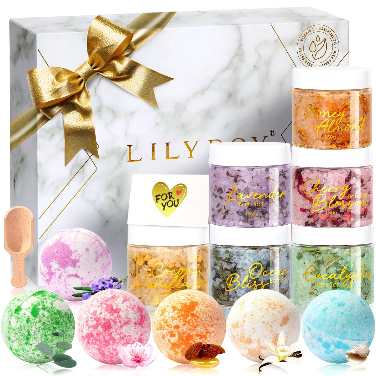 LILY ROY Mothers Day gift set with bath salts and bombs for a soothing soak