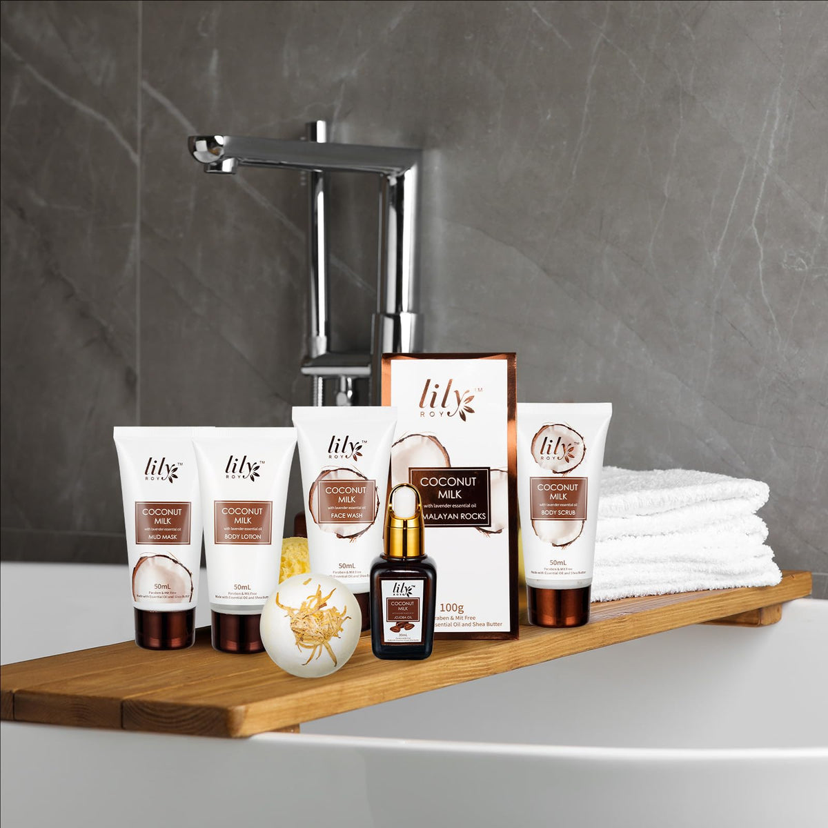 LILY ROY shower gloves and pumice for exfoliation and refreshment.