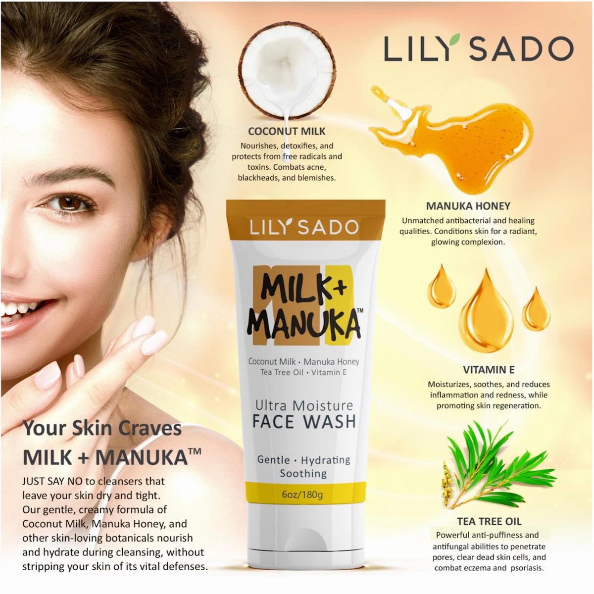 LILY SADO Coconut milk hydration close-up, enriched with Aloe and Jojoba.