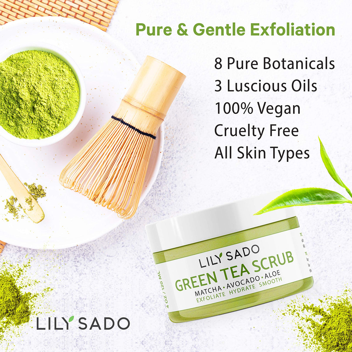 LILY SADO Matcha Avocado blend image demonstrates green, nutrient-rich formula for nourished skin