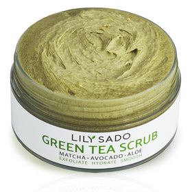 LILY SADO MATCHA Made in Heaven scrub jar close-up showing creamy texture and gentle exfoliation