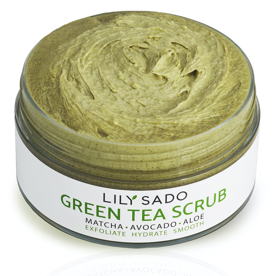 LILY SADO MATCHA Made in Heaven scrub jar close-up showing creamy texture and gentle exfoliation