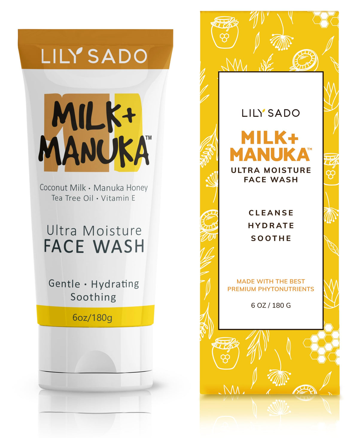 LILY SADO Milk+Manuka bottle pours, moisturizing facial cleanser for hydrated skin.