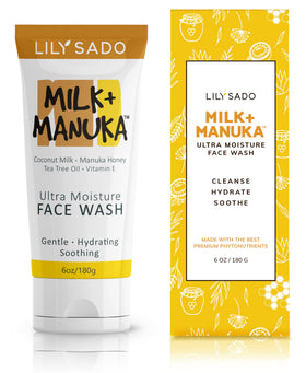 LILY SADO Milk+Manuka bottle pours, moisturizing facial cleanser for hydrated skin.
