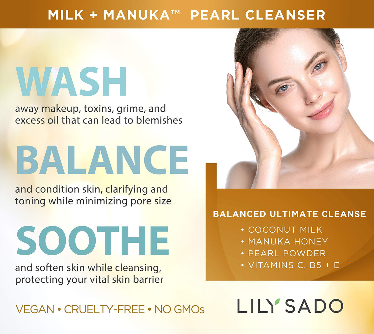 Creamy gel texture close-up from LILY SADO Milk+Manuka cleanser for gentle cleansing