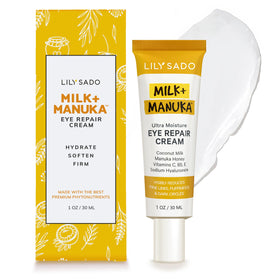 LILY SADO Milk+Manuka Eye Repair Cream bottle may hydrate and support anti-aging.