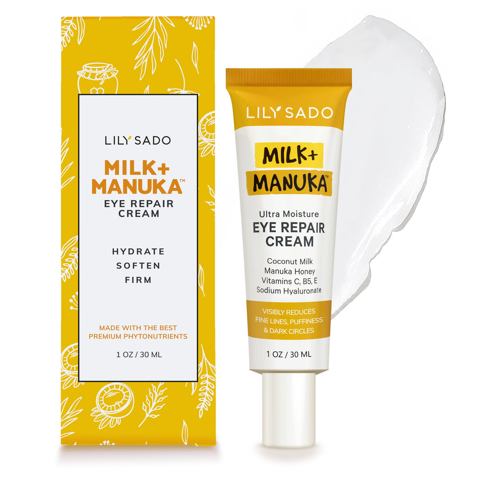LILY SADO Milk+Manuka Eye Repair Cream bottle may hydrate and support anti-aging.