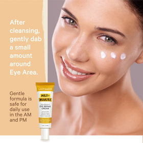 Texture close-up of LILY SADO Milk+Manuka Eye Repair Cream showing non-greasy hydration.