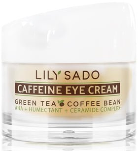 LILY SADO Tea+C eye cream bottle close-up highlighting hydration and caffeine benefits