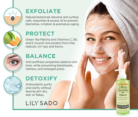 LILY SADO Tea+C green-tea ingredients close-up with rosehip and aloe benefits