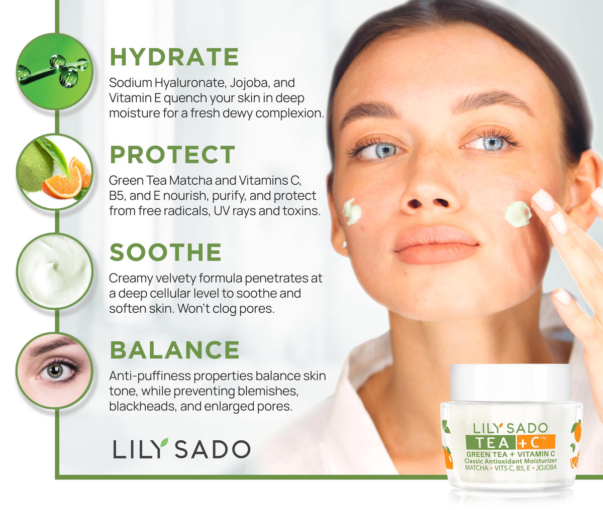 LILY SADO TEA+C vitamin C label highlights antioxidant nutrients for the skin.