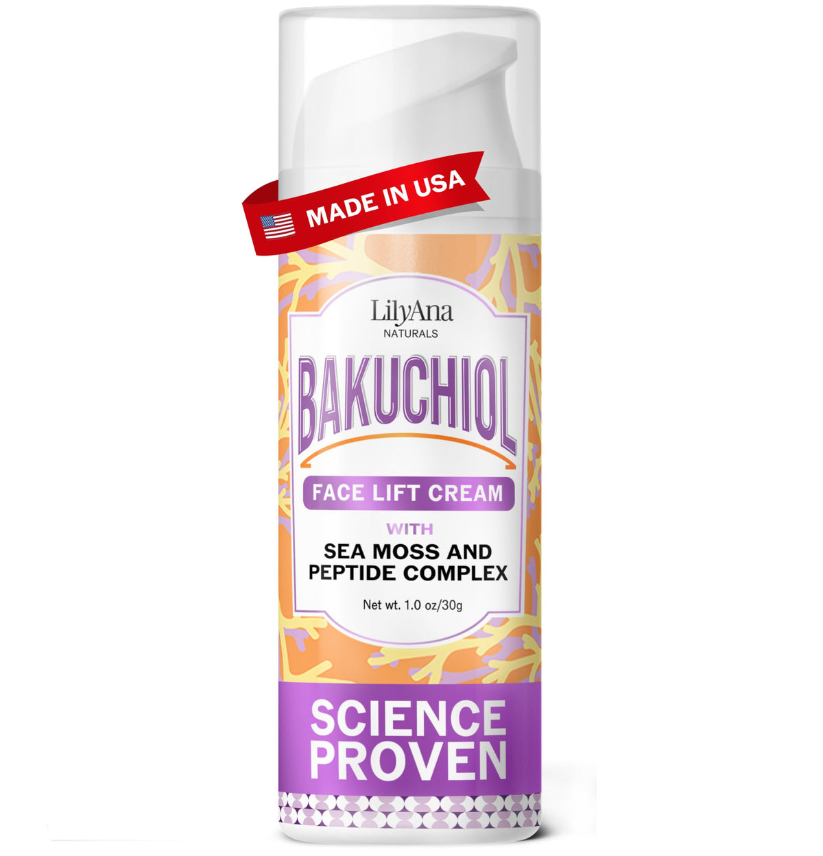 LilyAna Naturals Bakuchiol Face Lift Cream bottle highlights lifting action and premium formula.