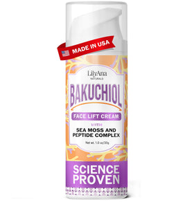 LilyAna Naturals Bakuchiol Face Lift Cream bottle highlights lifting action and premium formula.