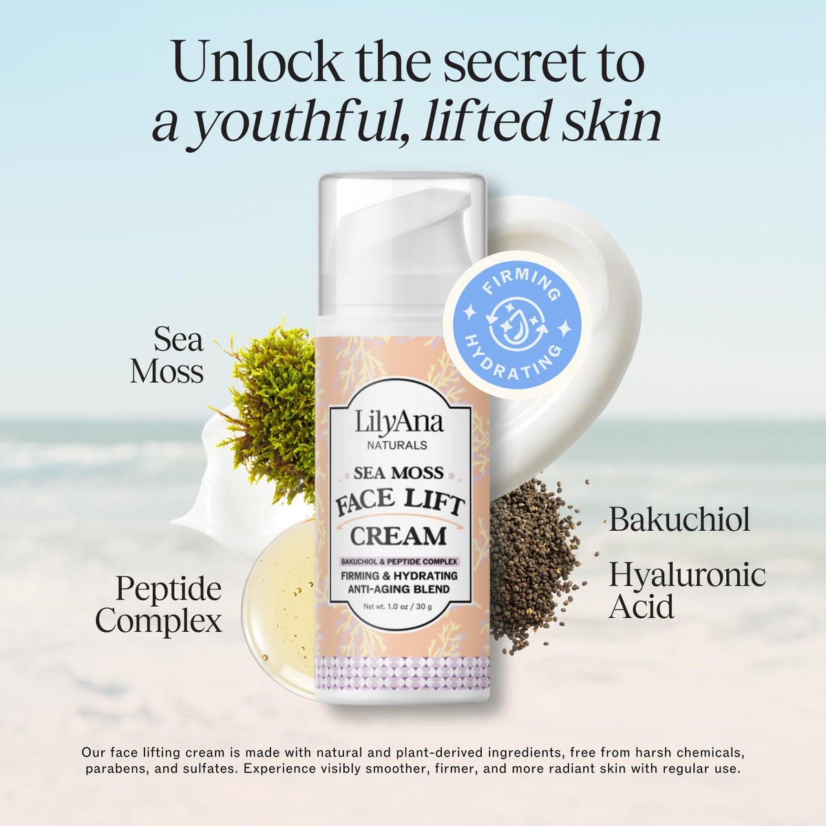 LilyAna Naturals Bakuchiol Face Lift Cream Hyaluronic Acid close-up signals deep moisture.