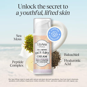 LilyAna Naturals Bakuchiol Face Lift Cream Hyaluronic Acid close-up signals deep moisture.