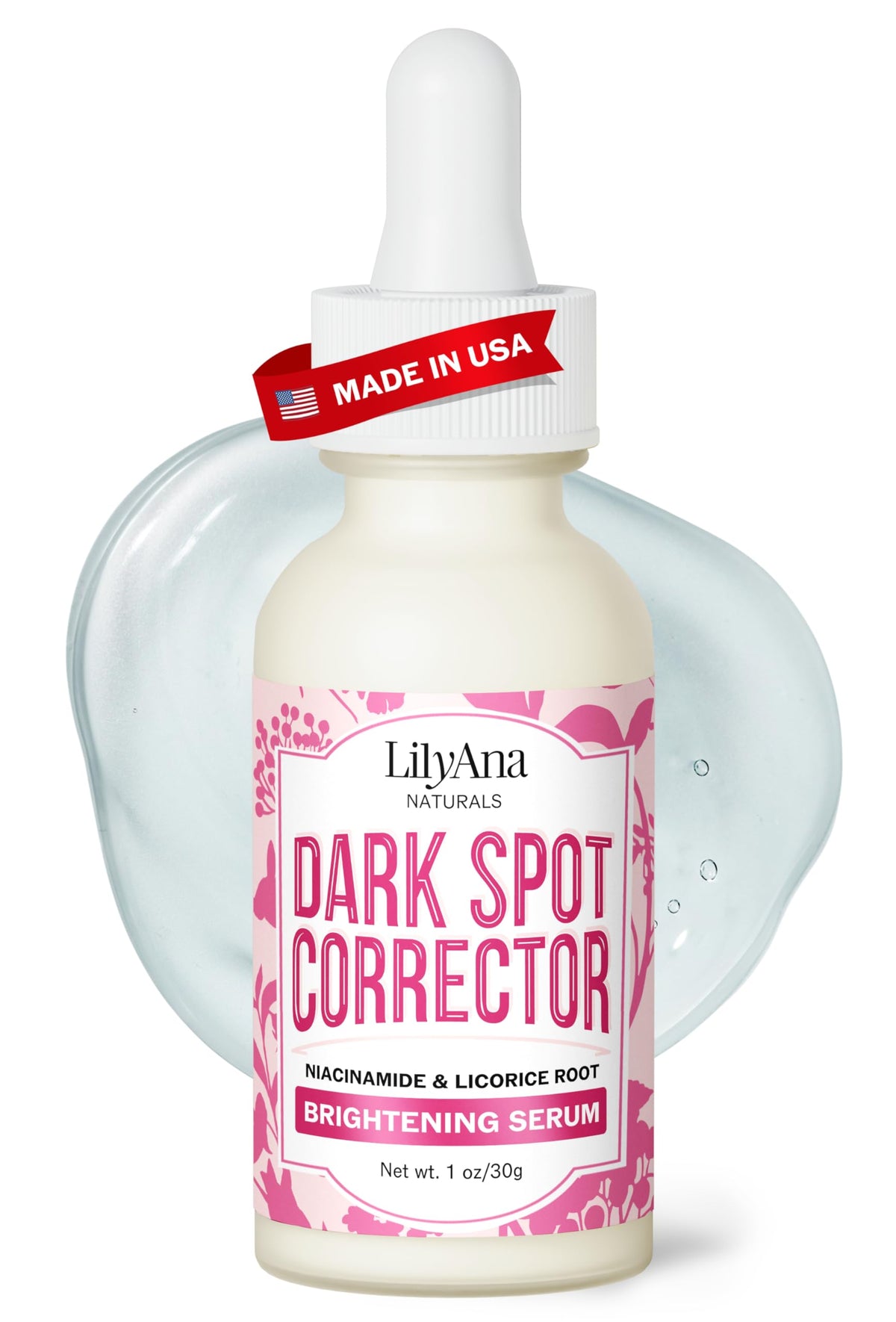 LilyAna Naturals Dark Spot Corrector bottle closeup for clearer, more even skin tone.